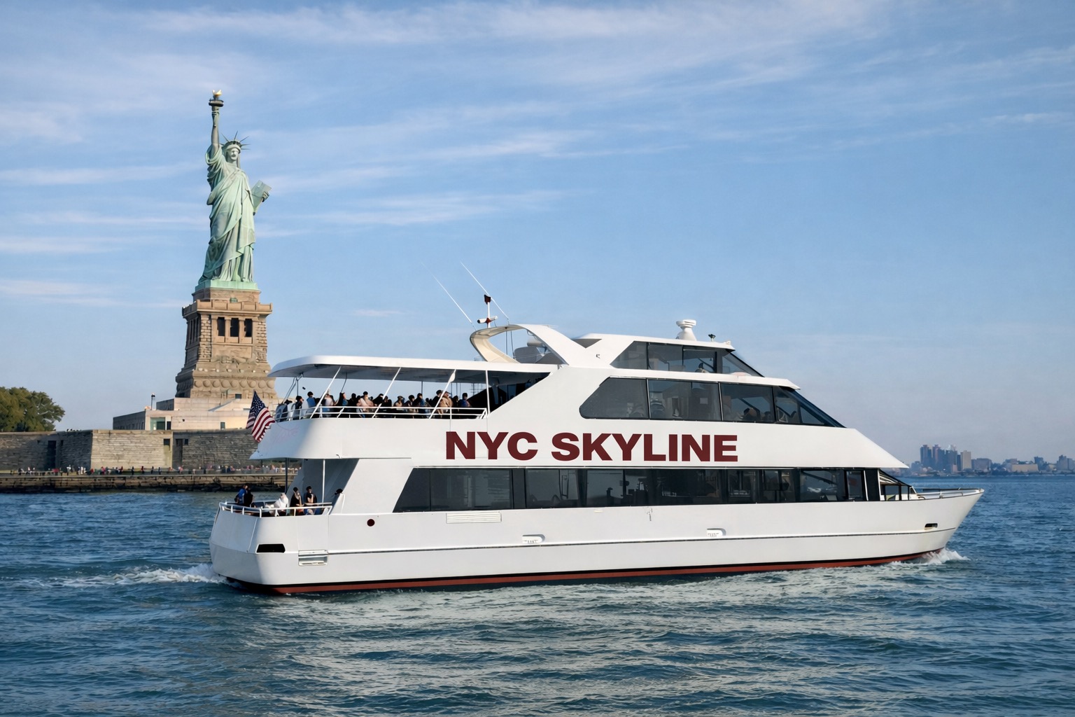 The NY Skyline cruise boat with the Statue of Liberty